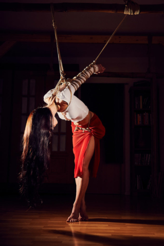 Strappado arm binder red skirt Kinbaku Photography