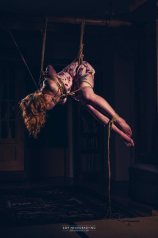 Kinbaku Photoshooting with beautiful red hair woman in pink dress