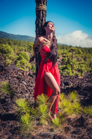 Woman in red dress, tied up, Bondage, Kinbaku, Shibari, Volcano