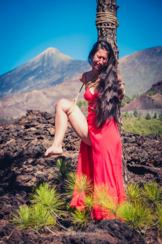 Woman in red dress, tied up, Bondage, Kinbaku, Shibari, Volcano