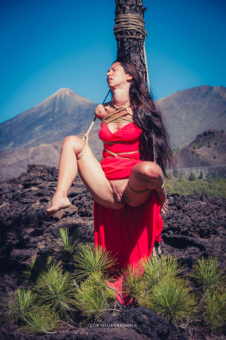 Woman in red dress, tied up, Bondage, Kinbaku, Shibari, Volcano