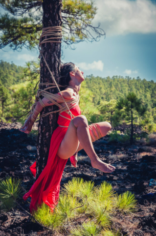 Woman in red dress, tied up, Bondage, Kinbaku, Shibari, Volcano