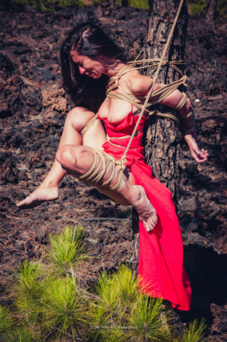 Woman in red dress, tied up, Bondage, Kinbaku, Shibari, Volcano