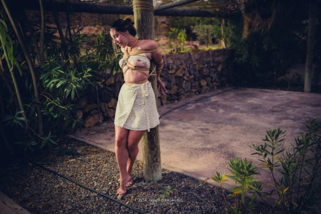 Abandoned girl in white dress, exposed at a pole, Kinbaku, Shibari, Japanese Rope Bondage, Semenawa