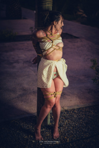 Abandoned girl in white dress, exposed at a pole, Kinbaku, Shibari, Japanese Rope Bondage, Semenawa