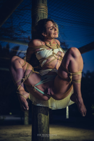 Abandoned girl in white dress, exposed at a pole, Kinbaku, Shibari, Japanese Rope Bondage, Semenawa