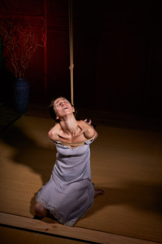 Pretty woman tied up in traditional Kinbaku Semenawa Shibari Rope Bondage.